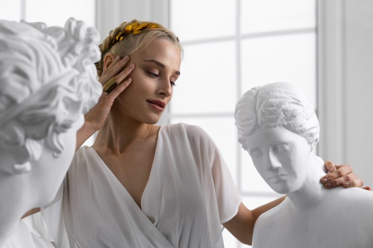 Front view woman posing as greek goddess